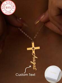 Un pezzo Collana personalizzata in argento 925 con croce placcata oro e nome in inglese, regalo personalizzato di compleanno o anniversario, stile bohémien vintage casual