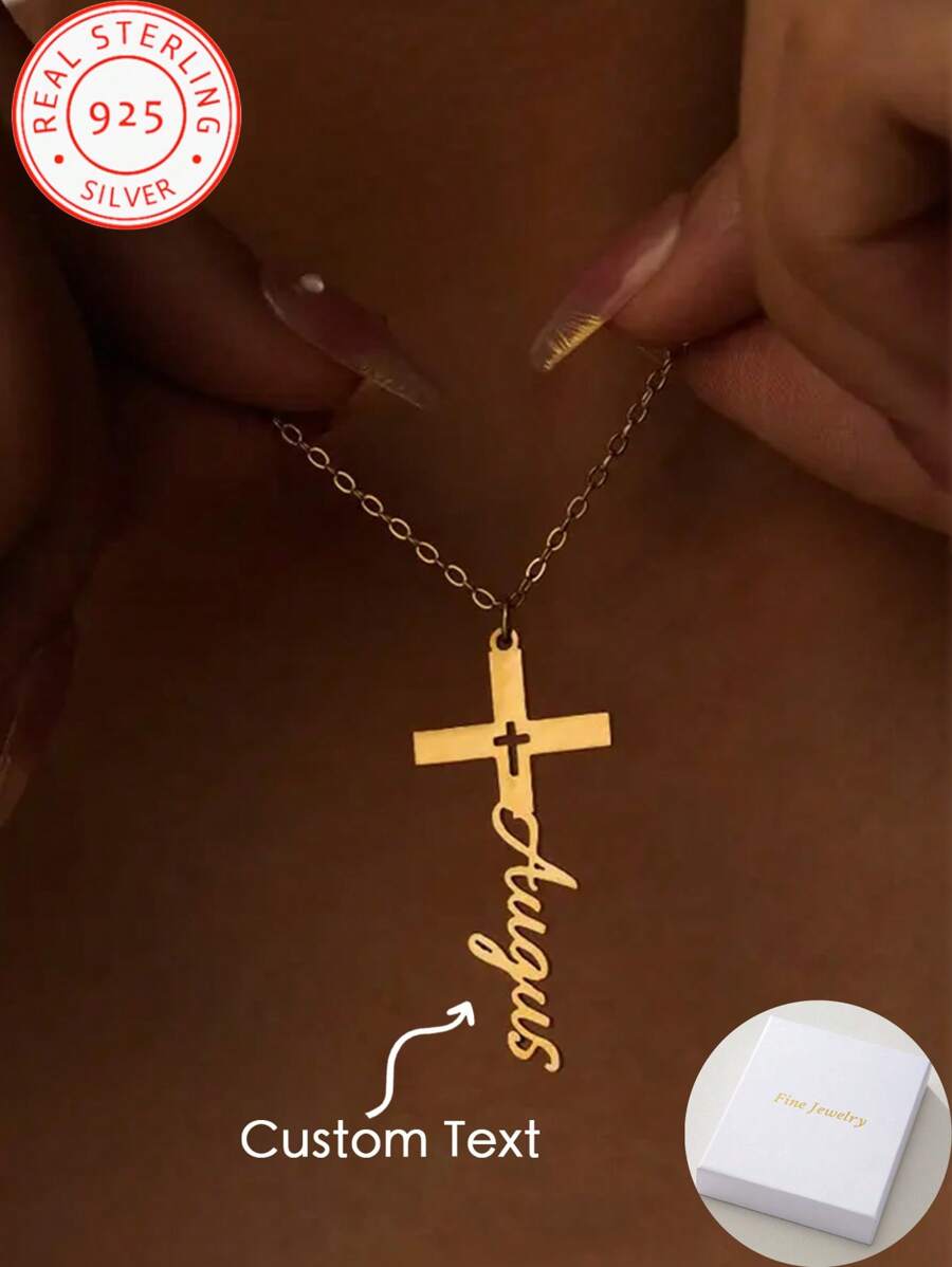 Un pezzo Collana personalizzata in argento 925 con croce placcata oro e nome in inglese, regalo personalizzato di compleanno o anniversario, stile bohémien vintage casual
