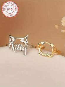 A 925 Silver Customized Pet Dog Ear Name Opening Ring, Stylish Personalized Ring With Name, Sterling Silver Opening Adjustable Pet Keepsake Jewelry, A Beautiful Gift For Pet Lovers Pet Owners