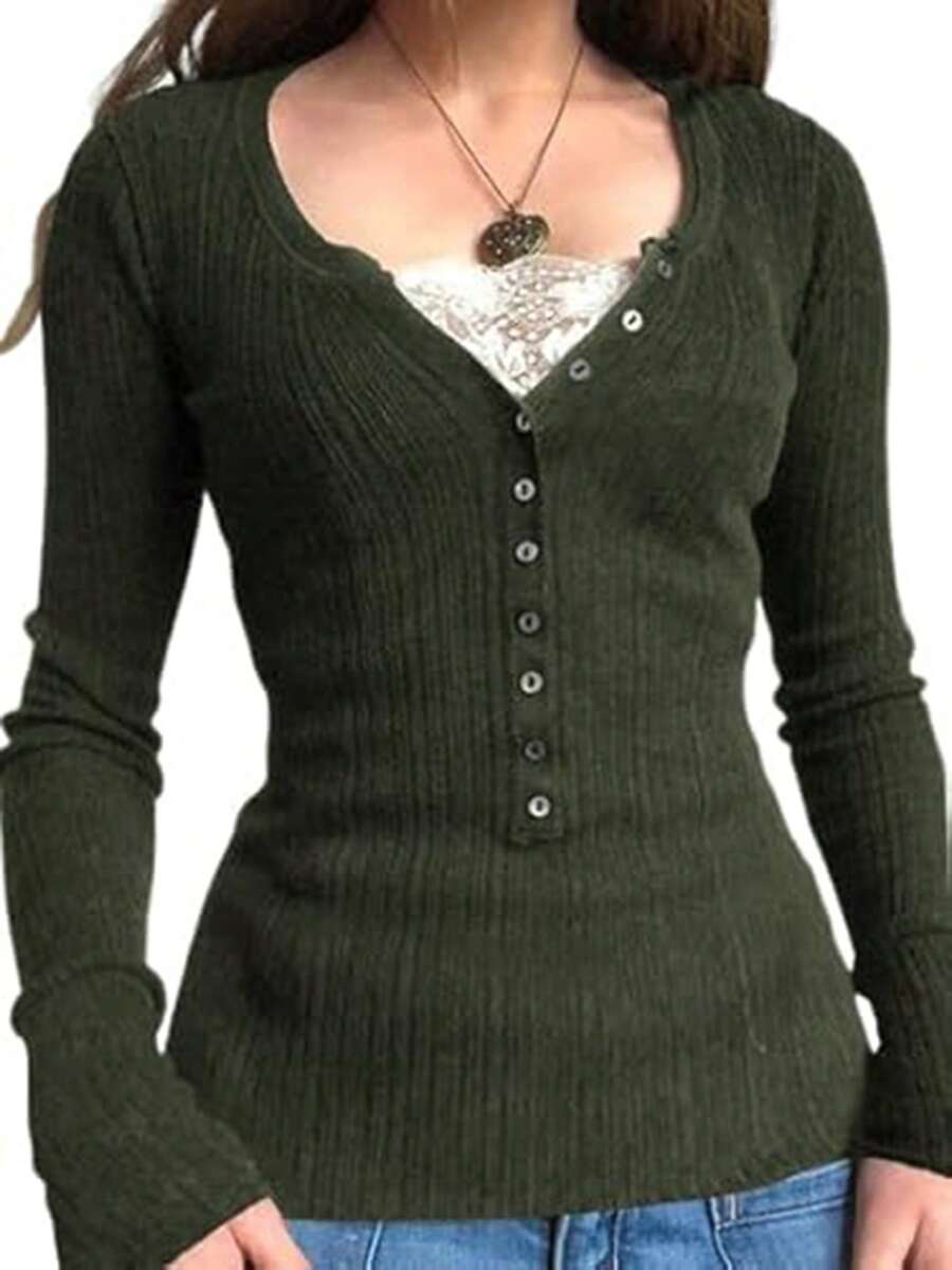 Christmas Lace Crop Button Up Shirts For Women Paneled Button Long Sleeve Knit Top Lightweight Slim Basic Knit Tunic Top Blouse  Plain    Casual    Rib-Knit  Button  Contrast Lace    Daily - Màu xanh lá cây đậm - Xem 1