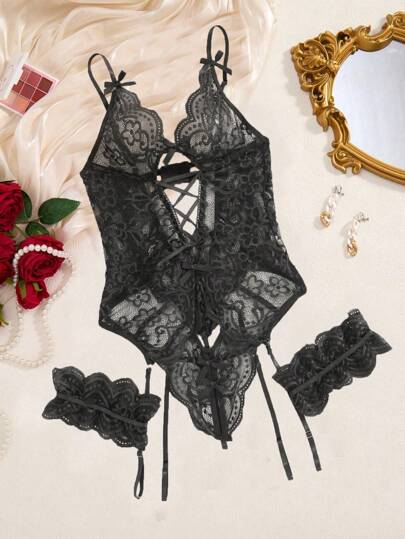 Verleidelijke Sleeveless Zwart Kanten Lingerie Set Criss Cross Waist Tie Bow Garter Belt, Doorschijnende Material, Home Private Parties, Eye Catching view 4