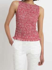 Women's Summer Smocked Tank Tops Solid Color/Plaid Sleeveless Boat Neck Ruffled Hem Slim Fit Vest - Red - View 1