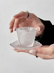 1 件优质玻璃茶杯带茶碟，日式蘑菇形饮茶杯，个人功夫茶杯，透明磨砂云朵图案杯碟 - 彩色 - 查看 4