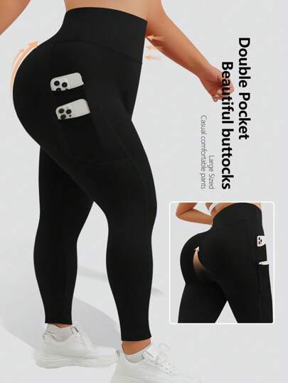 Leggins in Große Größen für Lässig Sport Yoga, schwarz, mit vier Seitentaschen, ohne unvorteilhafte Designs und doppellagigem Taillenbund mit Bauchkontrolle, Umschlagleggins, für Frühling, Sommer, Herbst und Winter