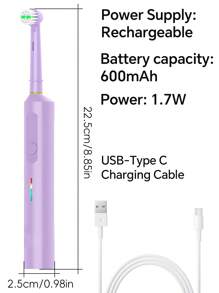 Cepillo de dientes eléctrico inteligente, 3 modos de limpieza, recargable por USB, cepillos de dientes eléctricos recargables con temporizador de 2 minutos, estuche de viaje y 2 cabezales de cepillo, compatible con los cabezales de recambio del cepillo de dientes eléctrico