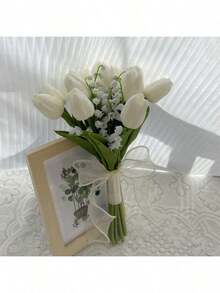 1 套白色新娘婚礼花束，人造郁金香花，逼真触感新娘伴娘婚礼花束，新娘花束婚礼装饰，周年纪念装饰，生日派对装饰，毕业礼物 - 白色 - 查看 4