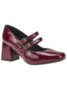 Loris Shoes Oficial Women's Doll Pump Shoe With 2 Buckles Glossy Varnish Thick Block Heel 2861 - Véc ni Marsala - Xem 2