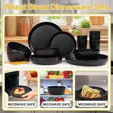 EI 24pcs Grey Wheat Straw Dinnerware Set Of 6,Reuasble Unbreakable Dinner Plates,Wheat Plates And Bowls Sets For Camping,Picninc,Family Dinner - 黑色 - 查看 6