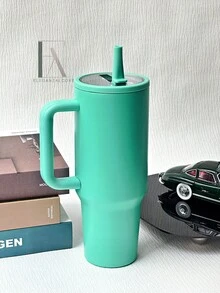20/30/40盎司不锈钢保温杯，带手柄和可折叠吸管，双层真空密封，适用于冷热饮，简约旅行杯 - 青玉色 - 查看 7