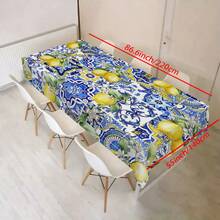 1 块柠檬印花桌布 - 鲜艳的蓝色和黄色花卉图案，提花涤纶，矩形，非常适合餐厅装饰、婚礼、野餐、露营和生日派对、户外餐桌布、柠檬厨房装饰