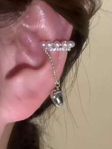 1 Piece Simple Copper Heart Faux Pearl Crystal Single Ear Clip, Elegant Everyday Wear For Women - Silver - View 4