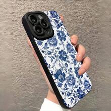 Funda para phone (1 unidad) con estampado floral azul. Recortes precisos para proteger la cámara. Diseño resistente a los golpes. Compatible con phone X, XS, 11 Pro Max, 12 Pro Max, 13 Pro Max, 14 Pro Max, 15 Pro Max, 16 Plus y 16 Pro Max. - Negro - Ver 1