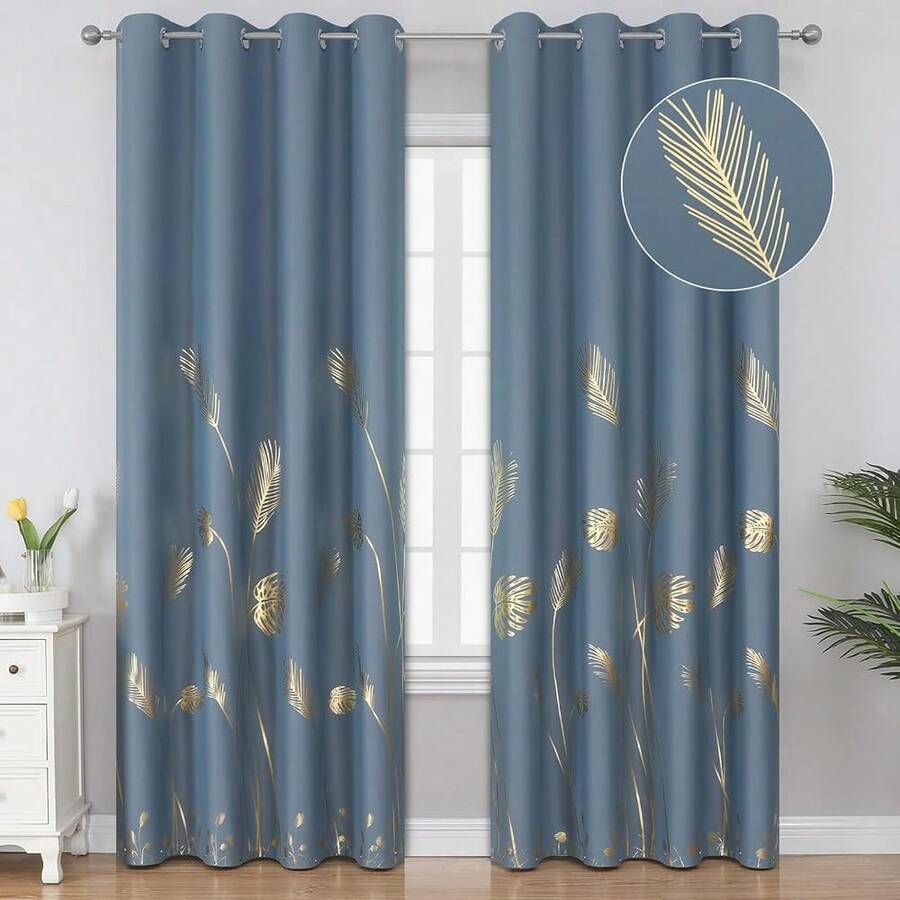 New Stone Blue Blackout Curtains For Bedroom,Room Darkening Gold Palm Tree Pattern Curtains 84 Inch Long,Light Blocking Rmal Insulated Window Drap For Living Room,52Wx84L,2 Panels - Stone Blue Gold Print 52 W x 84 L (Pack -2) - View 1