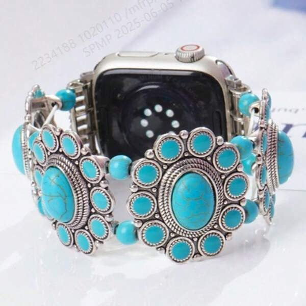 1pc Blue Turquoise Alloy Bohemian Watch Band Compatible With Apple Watch Band 38mm 40mm 41mm 42mm 44mm 45mm 46mm 49mm Fashion Watch Band For Men And Women For Series UltraS10/9/8/7/6/5/4/3/2/1 Smart Wristband (Watch Not Included) Best Gift For Girlfriend And Friends
