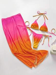 3pcs Women's Sexy Beachwear Swimwear Bright Ombrem Solid Color Sexy Halter Bikini Swimwear Set Long Sarong Dress Beachwear For Holidays