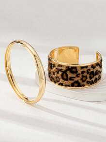 2 Pcs Animal Leopard Print Decor Metal Cuff Bangle Bracelets Set , Fall Winter Stacked Bracelet Jewelry For Women