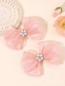 2/4pcs Set Elegant Satin Solid Color Hair Clips, Suitable For Girls; Delicate Pink & White Pearl Mesh Hair Clips, Suitable For Daily And Wedding Party Wear; Sweet Hair Accessories, Must-Have For Girls. - Multicolor - View 1