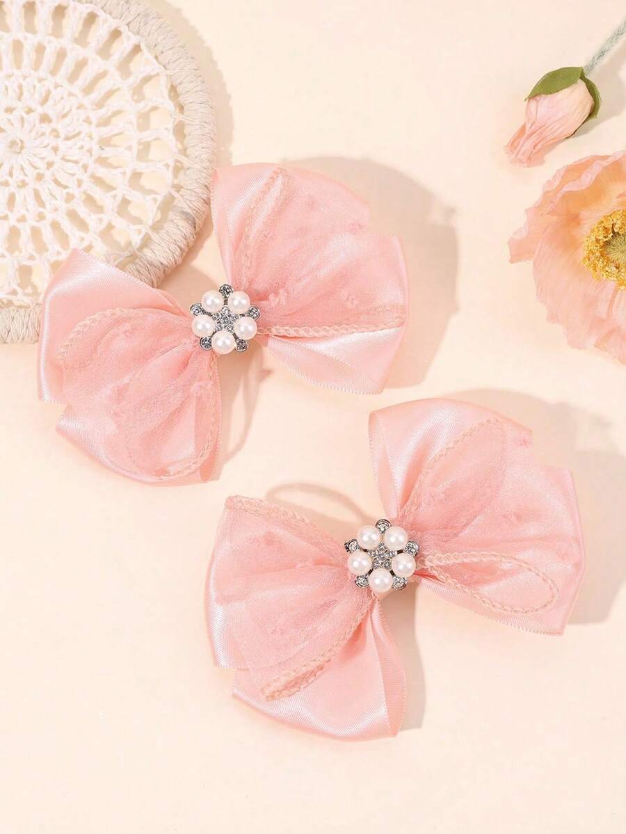 2/4pcs Set Elegant Satin Solid Color Hair Clips, Suitable For Girls; Delicate Pink & White Pearl Mesh Hair Clips, Suitable For Daily And Wedding Party Wear; Sweet Hair Accessories, Must-Have For Girls. - Multicolor - View 1