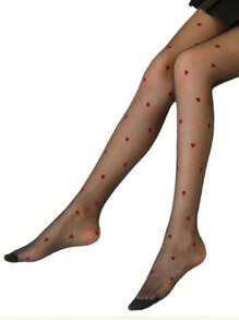 2 Pairs Women's Sexy Red Heart & Black Sheer Stockings/Pantyhose, Breathable Knit Fabric, Casual Wear, Spring/Summer/Autumn