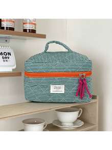 Green Classic Plaid Makeup Bag, Soft Fabric Zipper Pouch, Simple Plaid Pattern Travel & Daily Use Organizer Bag For Women Travel Essentials Vacation Summer Holiday Back To School School Stuff Bag For School Travel Bag For Women Makeup Bag For Travel