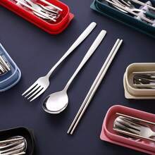 Set di posate in acciaio inossidabile da 3 pezzi con mestolo per zuppa, forchetta e bacchette, manico rinforzato, posate pratiche per studenti e uso all'aperto, per attività all'aperto, picnic o campeggio, set di posate portatile, regalo natalizio per la cucina, regalo per la festa del papà, completo di stoviglie, accessori per la cucina, natale, regali personalizzati