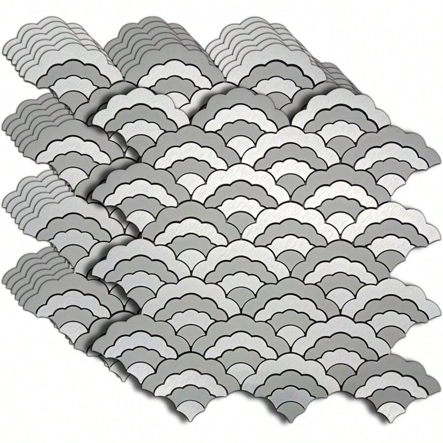 7 Hojas de auto-adhesivas de azulejos de metal con forma de nube, mosaico de aluminio 3D para decoración de pared de cocina, baño y sala de estar, color plateado cepillado - Plata cepillada - Ver 1