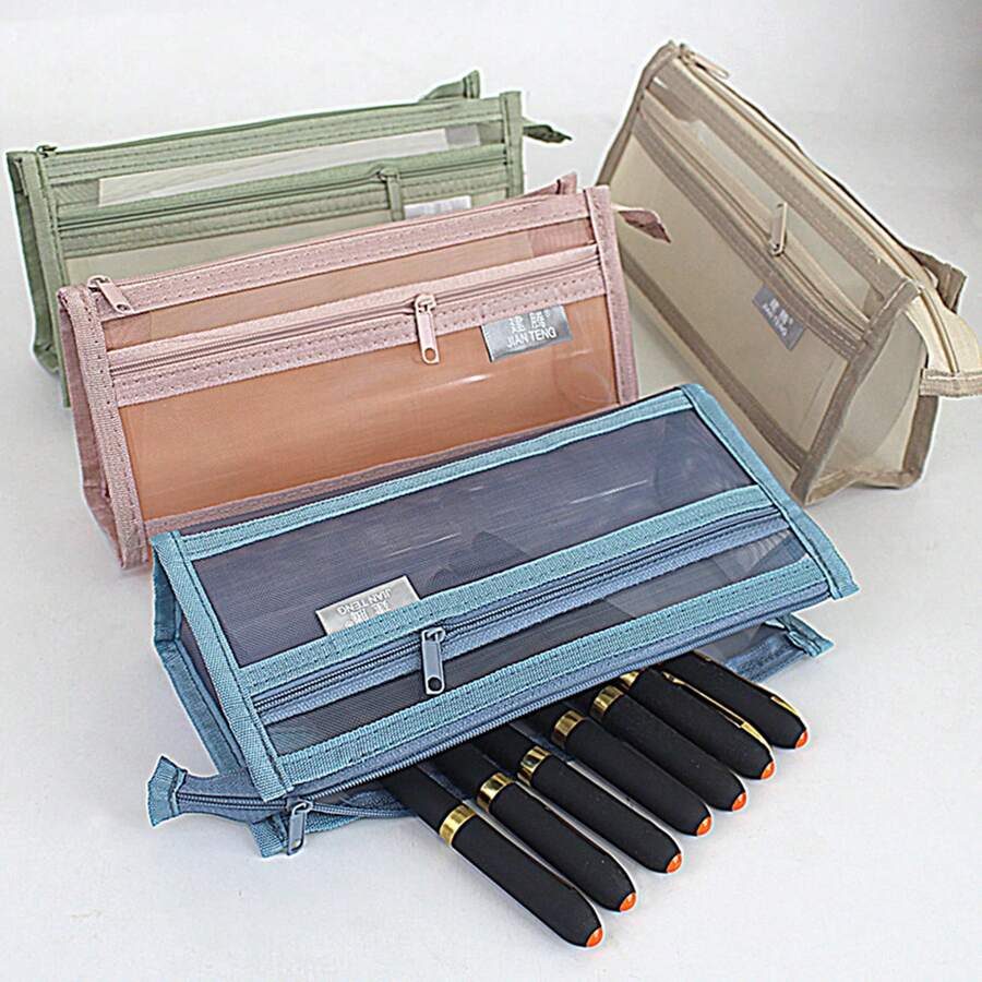 Versatile Kawaii Mesh Pencil Case - Multicolor Dual-Zipper Organizer For Stationery & Small Items. An Essential For Back To School, New Year's Gifting, Valentine's Day Treats & Everyday Chic. - màu xanh lá - Xem 1