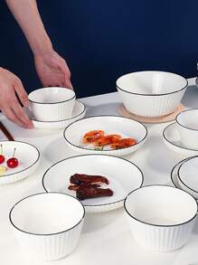 4pcs/2pcs Ceramic Vertical Stripe Bowls 5.1 Inches And Plates 6.9 Inches, Simple Handmade Ceramic Tableware, Japanese Rice Bowls, Dessert Bowls, Suitable For Home Kitchen, Dining Party, Kitchen Utensils, Oven And Microwave Friendly