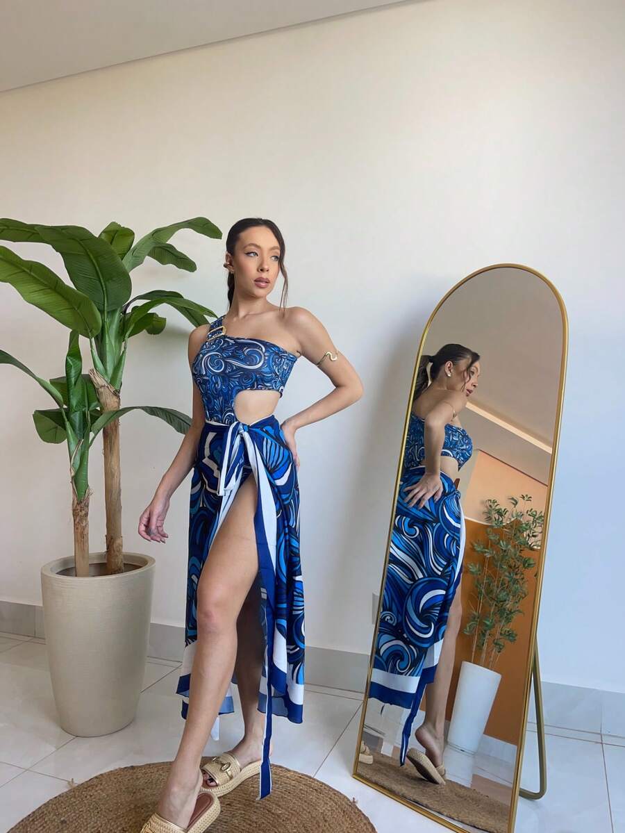 Kit Conjunto Body Maiô e Saída de Banho Style MG  Praia  Estampa de crocodilo    Casual  elegante  Sensual    Tecido de malha    Amarrar  Fivela  Assimétrico    Praia  Férias  Feriado