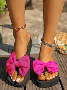Women's Summer Sandals, Bow Decor Slippers, Vacation Style Slides, Comfortable Convenient Slip-On Sandals, Thick-Soled Beach Sandals, Women's Summer Thong Sandals - Hot Pink - View 1