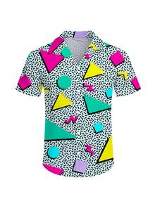 Men's Hawaiian Shirt And Short, Retro 80s 90s Geometric Pattern Summer Vacation 3 Piece Vacation Outfits Sets Casual Button Down Beach Floral Suits With Bucket Hats - 灰色 - 查看 5