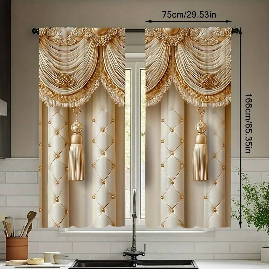 2 Pcs Elegant European Style Semi-Sheer Printed Curtains - Warm Gold Color Rod Pocket Curtains With Tassel Details, Suitable For Bedroom, Kitchen, Bathroom, Living Room - Fashionable Privacy Decor, Luxury Bedroom Curtains Design, Durable Polyester, Living Room Curtains - Multicolor - View 1
