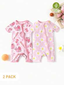 Bamboo Fiber Unisex 2pcs Short Sleeve Rompers Casual Baby Suit - Pink - View 1