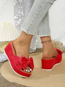 Sandalias de mujer 2025, sandalias con plataforma y cuña gruesa con lazo y estampado de leopardo sexy, sandalias elevadas cómodas de punta redonda y slip-on para mujer, esenciales casuales para primavera/verano, para usar con vestidos - Serpiente roja - Ver 6