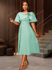 Women's Rose Jacquard Commuting Embossed Elegant Short Sleeve A-Line Puff Sleeve Cocktail Party Graduation Dress,For Birthday, Wedding Guest, Graduation, Dinner, Homecoming,Back To School