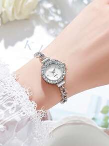 1pc/2pcs Fashionable Women's Bracelet Watch, Luxury Round Dial With Rhinestone Diamond Crystal Ripple Design, Alloy Quartz Watch, Gift For Girlfriend