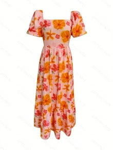 Abito estivo con colletto quadrato alla francese, maniche a sbuffo, stampa floreale, vita alta, stile plissettato da vacanza, elegante - Arancione - Visualizzare 4