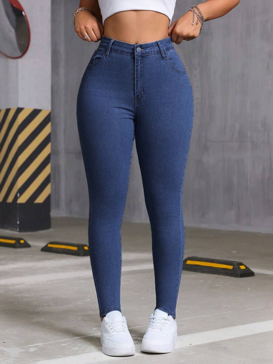 女士时尚弹力修身水洗牛仔裤，优雅女装，适合夏季上衣/四季穿着，新年和情人节休闲春季穿着 - 深藍色-1 - 查看 1