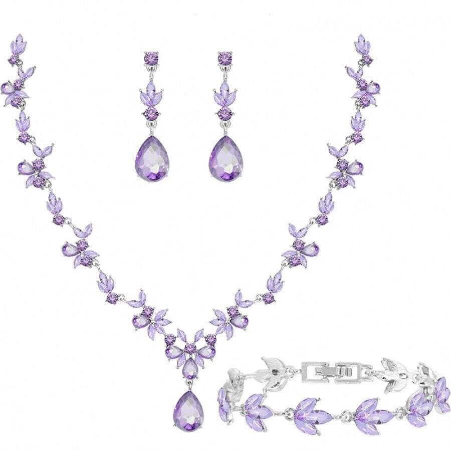 Bridal Wedding Elegant Floral Jewelry Set Women/Brides/Bridesmaids Jewelry Set Wedding Prom Party Bridal Necklace Earrings Bracelet Set - 紫色(銀色) - 查看 1