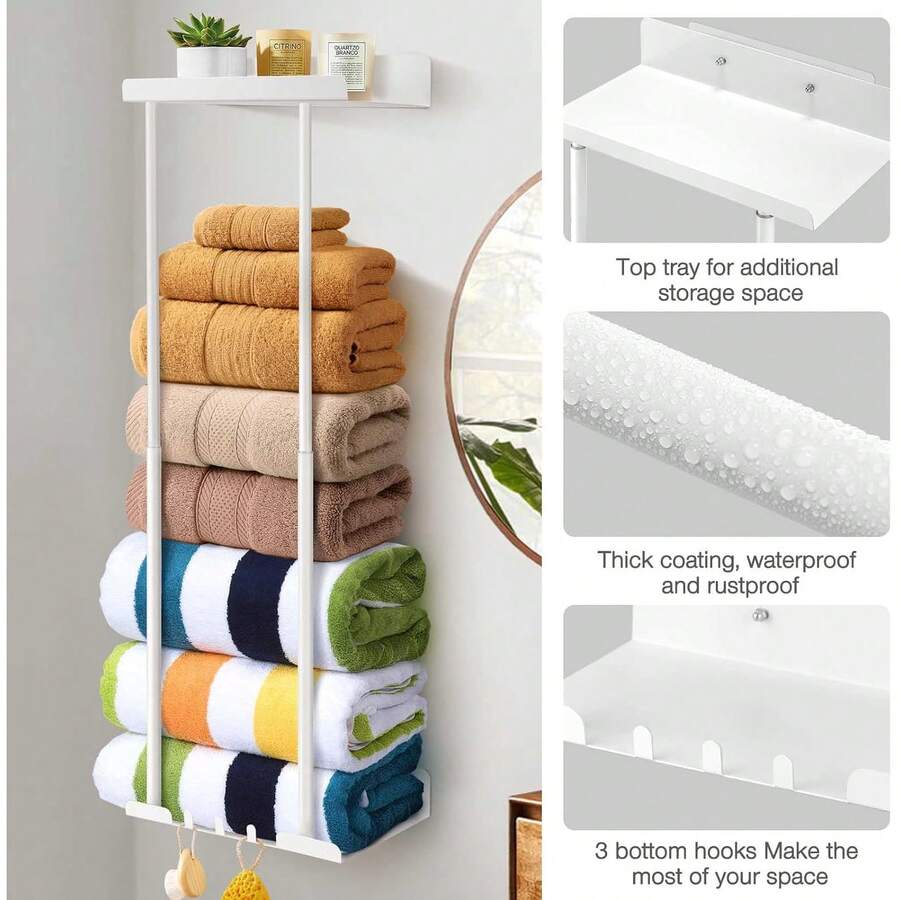 Towel Holder Rack Bathroom Storage Rack Wall Mounted Quality Black Finish - White - View 1