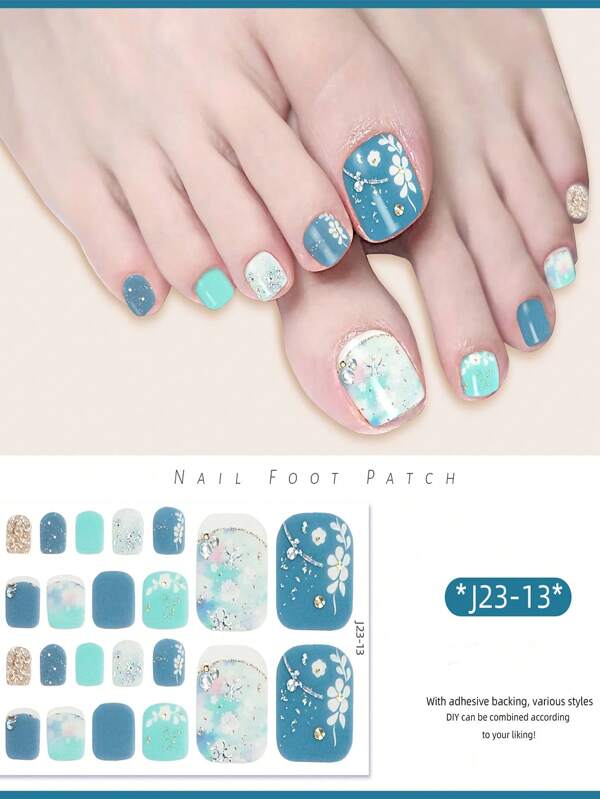 2pcs/Set 2025 New Toe Nail Stickers, Waterproof, INS Style Crystal Ocean Design, Non-Damaging To Nails, Self-Adhesive, Sparkling Toe Nail Stickers In Various Patterns, Includes 1 Nail Buffer Tool
