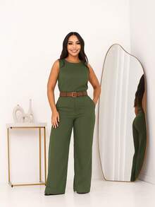 Women's Set Tank Top And Pants Tailored Simple Elegant Casual With Belt Pocket - 軍綠色 - 查看 1