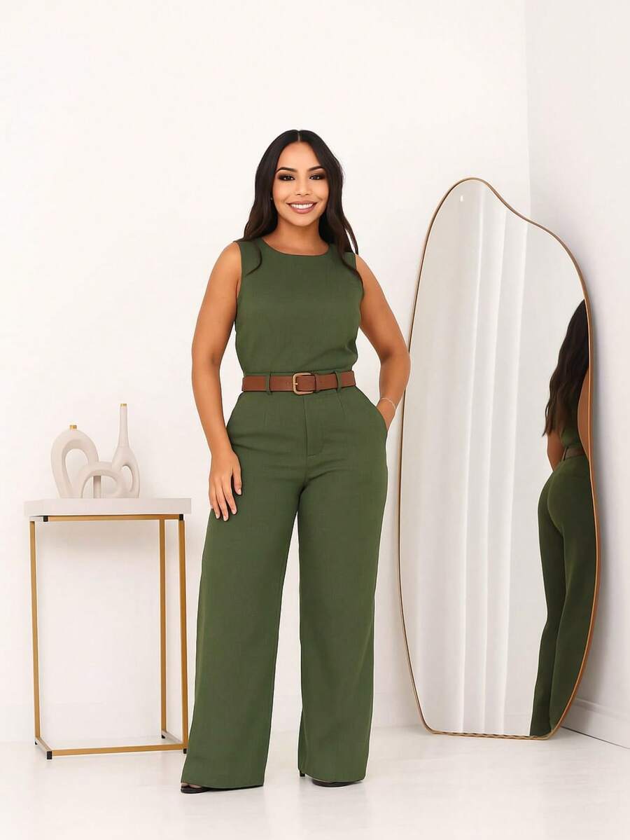 Women's Set Tank Top And Pants Tailored Simple Elegant Casual With Belt Pocket - 軍綠色 - 查看 1