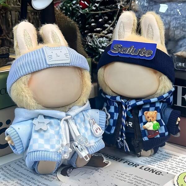 Muñeca de peluche Labub U de 17 cm, set de ropa informal con sudadera (solo ropa, accesorio de color aleatorio en la ropa, tenga en cuenta si le molesta)