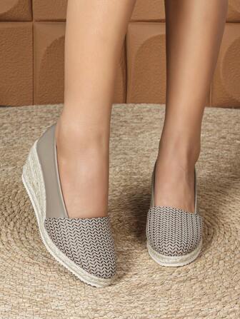 2025新款坡跟厚底鞋，圆头编织浅口一脚蹬，高跟亚麻平底鞋，时尚休闲舒适度假风格