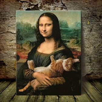 [高清蒙娜丽莎油画] 时尚主题蒙娜丽莎与猫帆布墙画，现代家居装饰，高清印刷，带包裹的帆布画框，松木，适用于办公室、客厅、卧室、浴室、咖啡厅
