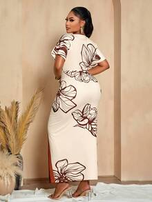 BIUBIU Summer Plus Size Women's Flora Elegant Deep V Neck Ruched Slit Long Dress Beach Island Vacation Sexy Dinner Evening Gown Maxi Dresses