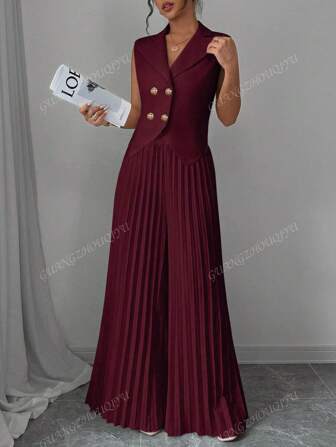 2 pièces Ensemble Femme Printemps/Été 2025, Gilet croisé de couleur unie à revers avec top court à ourlet fendu et pantalon large taille haute mode, tenue élégante et simple pour le travail