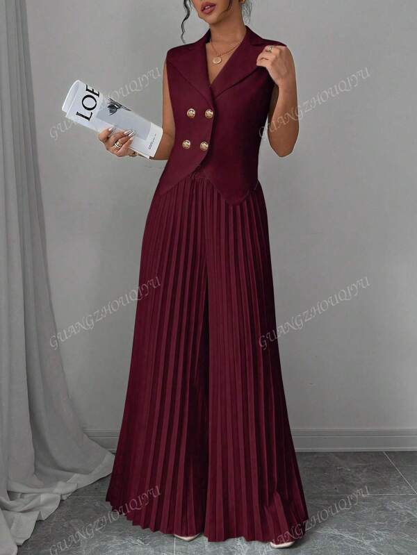 2pcs 2025 Spring/Summer Women Set, Solid Color Double-Breasted Lapel Vest With Slit Hem Cropped Top & Fashionable High Waist Wide Leg Pants, Elegant Simple Commuting Outfits