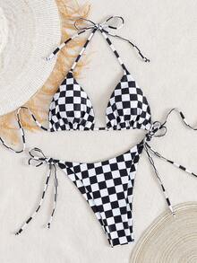 女士夏季比基尼套装，露背系带款式，双色格纹印花高弹面料，适合派对、音乐节、情人节等场合，是女士海滩度假的理想之选。优雅的女士沙滩比基尼套装，夏季女士度假沙滩泳装两件套。 - 彩色 - 查看 3